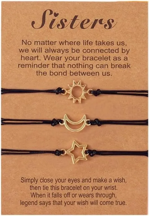 3pcs Adjustable Sun Moon Star Matching Bracelets Handmade Woven Bracelet Friendship Jewelry for Best-Friend Sister
