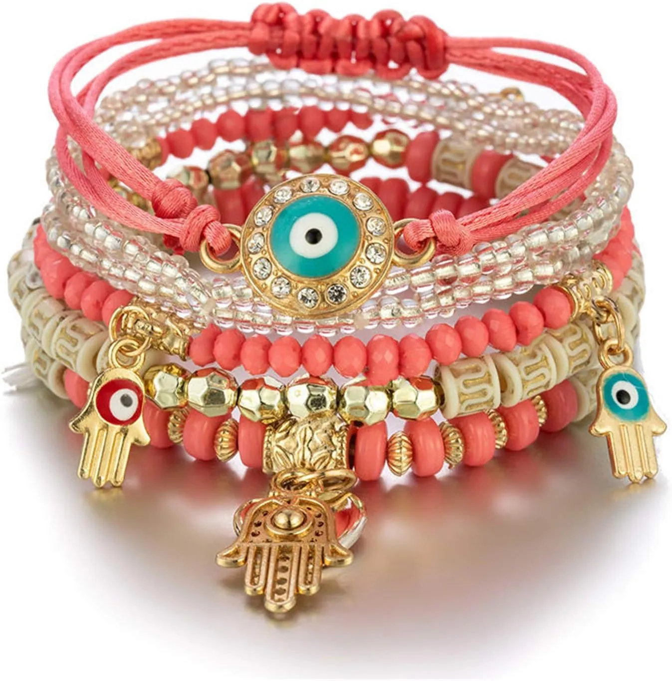 4 PCS Set Evil Eye Bohemian Wood Beaded Crystal Rope Pendant Bracelet Multilayer Stretch for Women Girl Lucky Turkish Fatima Hands Jewelry Charm-Red