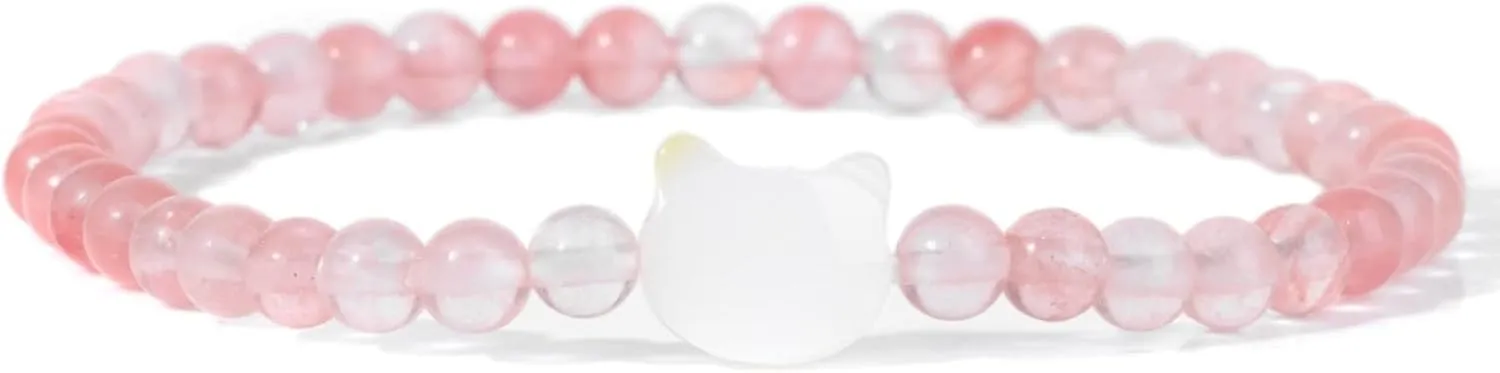 4mm Natural Stone Round Beaded Bracelet Cat Heart Star Cross Shape White Shell Bracelets for Women Men Friendship,Cat-Watermelon,23cm