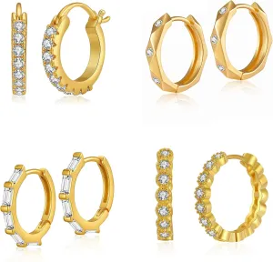 4pairs 18K Real Gold Plated Gold Huggie Hoop Earrings set for Women, Cubic Zirconia Cartilage Hoop Earrings Cuffs for Women