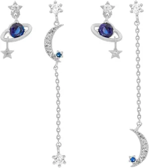 4Pcs Asymmetric CZ Planet Moon Star Chain Tassel Dangle Cute Stud Earrings for Women Cartilage Sensitive Ear 925 Sterling Silver Post Blue Cubic Zirconia Crystal Threader Dangling Hypoallergenic Fashion Jewelry Gifts Her Daughter