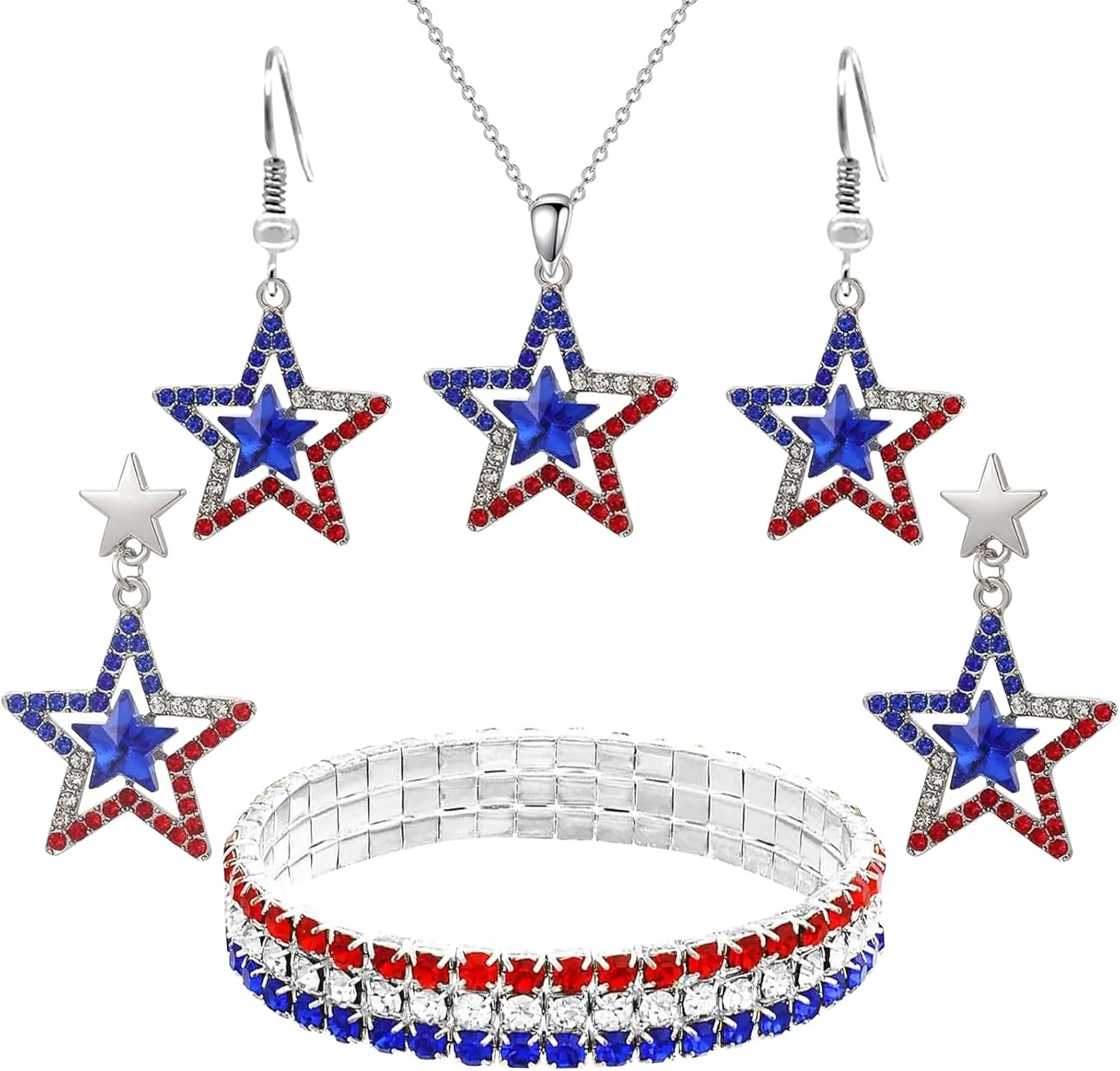4th of July Accessories 4Pcs Red White and Blue Glitter Rhinestone Patriotic Earring Ear stud Necklaces Bracelets for Women Independence Day Jewelry Gift Fourth of July Outfits Accessories Party Decor