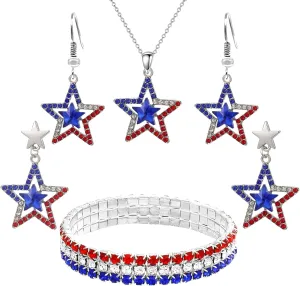 4th of July Accessories 4Pcs Red White and Blue Glitter Rhinestone Patriotic Earring Ear stud Necklaces Bracelets for Women Independence Day Jewelry Gift Fourth of July Outfits Accessories Party Decor