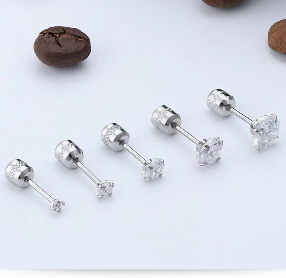 5 Pairs Stud Earrings Set,Hypoallergenic Double Round Cubic Zirconia Stainless Steel CZ Earrings 2-6mm Men,Women,Boys & Girls