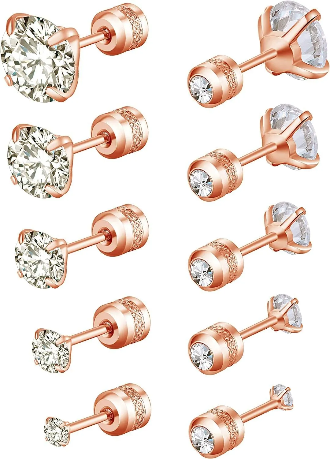 5 Pairs Stud Earrings Set,Hypoallergenic Double Round Cubic Zirconia Stainless Steel CZ Earrings 2-6mm Men,Women,Boys & Girls