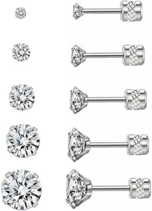 5 Pairs Stud Earrings Set,Hypoallergenic Double Round Cubic Zirconia Stainless Steel CZ Earrings 2-6mm Men,Women,Boys & Girls