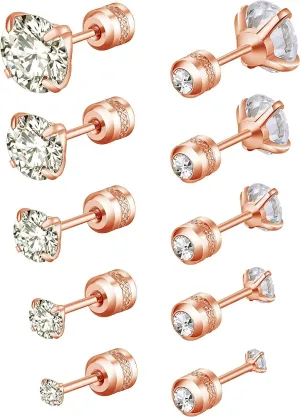 5 Pairs Stud Earrings Set,Hypoallergenic Double Round Cubic Zirconia Stainless Steel CZ Earrings 2-6mm Men,Women,Boys & Girls