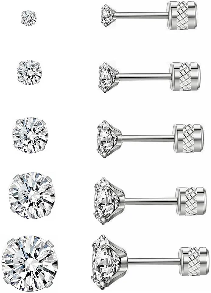 5 Pairs Stud Earrings Set,Hypoallergenic Double Round Cubic Zirconia Stainless Steel CZ Earrings 2-6mm Men,Women,Boys & Girls