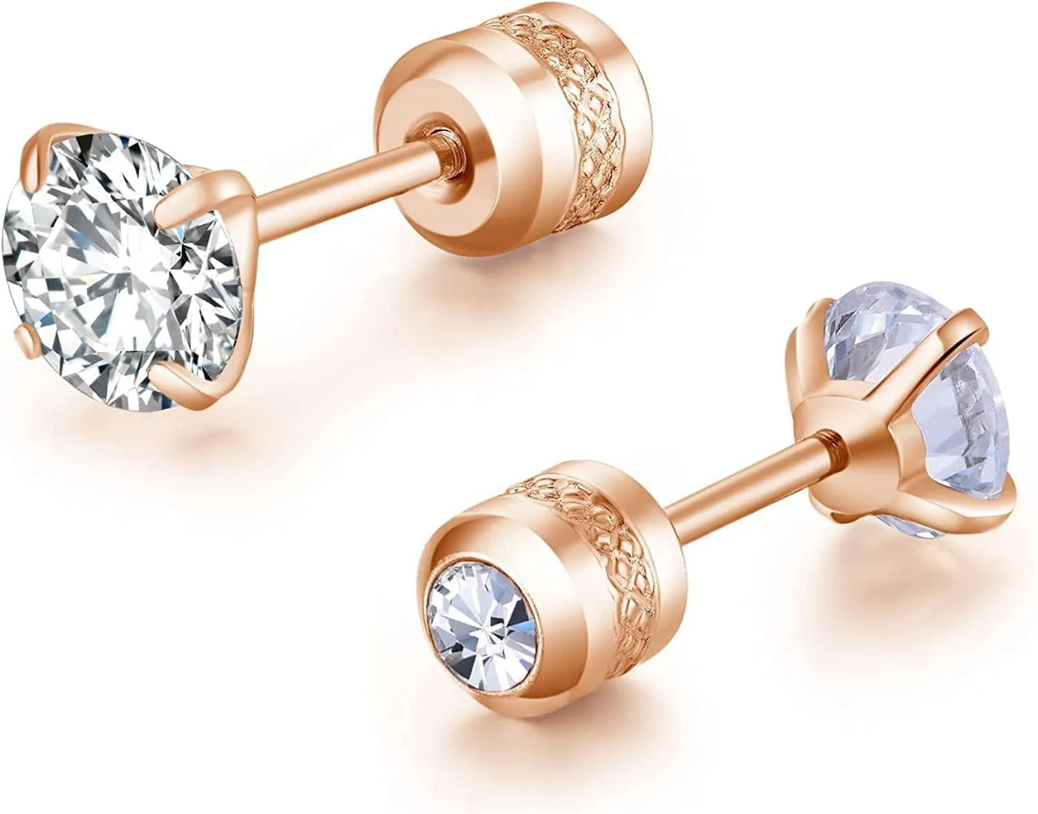 5 Pairs Stud Earrings Set,Hypoallergenic Double Round Cubic Zirconia Stainless Steel CZ Earrings 2-6mm Men,Women,Boys & Girls