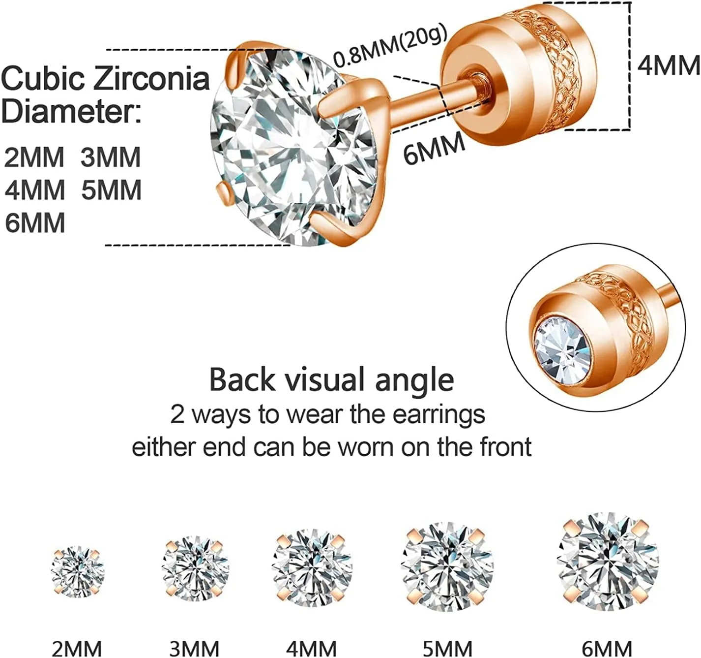 5 Pairs Stud Earrings Set,Hypoallergenic Double Round Cubic Zirconia Stainless Steel CZ Earrings 2-6mm Men,Women,Boys & Girls