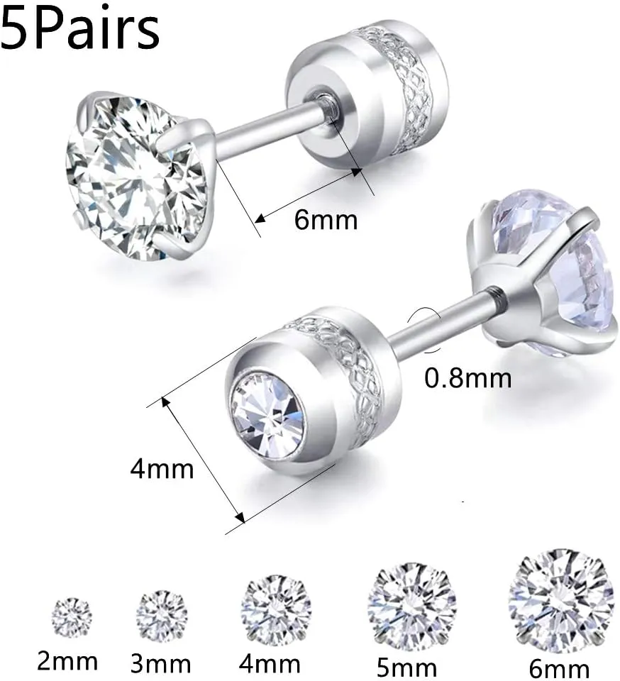 5 Pairs Stud Earrings Set,Hypoallergenic Double Round Cubic Zirconia Stainless Steel CZ Earrings 2-6mm Men,Women,Boys & Girls