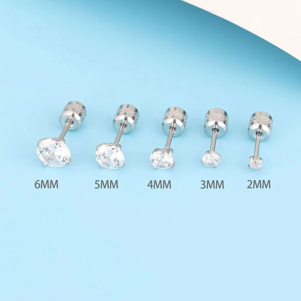 5 Pairs Stud Earrings Set,Hypoallergenic Double Round Cubic Zirconia Stainless Steel CZ Earrings 2-6mm Men,Women,Boys & Girls