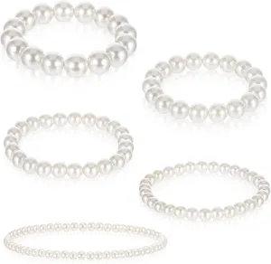 5 Pcs Faux Pearl Bracelets for Women, White Stretchy Pearl Bracelet for Bridesmaids Beaded Bracelets Wedding Tackable Bracelet for Women Bridal Party