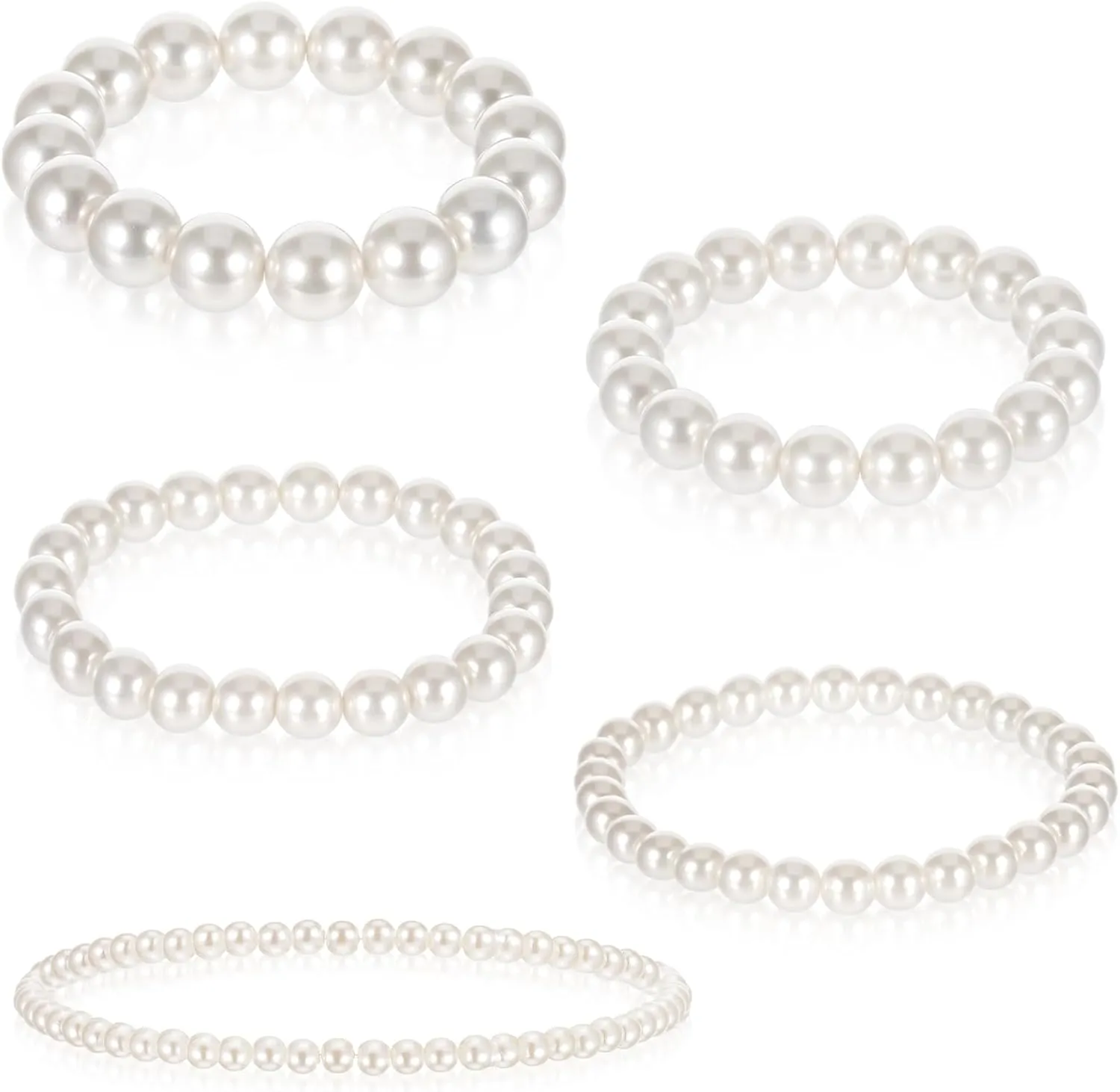 5 Pcs Faux Pearl Bracelets for Women, White Stretchy Pearl Bracelet for Bridesmaids Beaded Bracelets Wedding Tackable Bracelet for Women Bridal Party