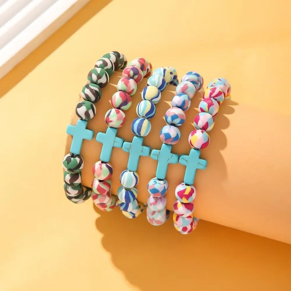 5Pcs Bohemian Starfish Sea Turtle Cross Bracelet Elastic Polymer Clay Beaded Stretch Bracelet Summer Beach Colorful Tortoise Bracelet for Women Men Jewelry