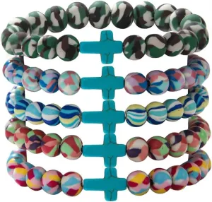 5Pcs Bohemian Starfish Sea Turtle Cross Bracelet Elastic Polymer Clay Beaded Stretch Bracelet Summer Beach Colorful Tortoise Bracelet for Women Men Jewelry