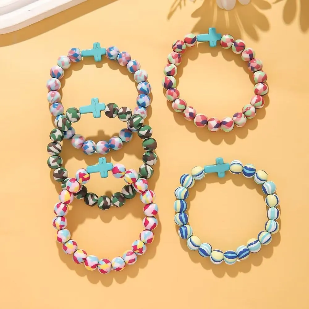 5Pcs Bohemian Starfish Sea Turtle Cross Bracelet Elastic Polymer Clay Beaded Stretch Bracelet Summer Beach Colorful Tortoise Bracelet for Women Men Jewelry