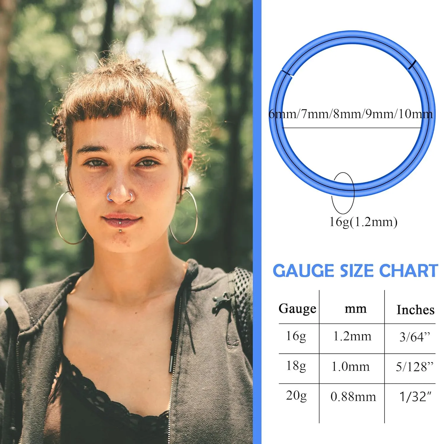 5Pcs G23 Titanium Nose Rings 16G/18G/20G Hinged Clicker Segment Nose Rings Hoop Lip Septum rings Multi-Color Tragus Cartilage Sleeper Earrings 6mm 7mm 8mm 9mm 10mm Hypoallergenic Nose Rings for Women Men