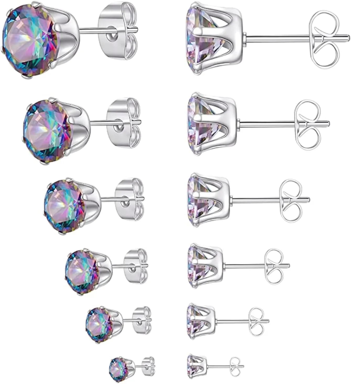 6 Pairs Stud Earrings Set 18K White Silver Plated Round Clear Cubic Zirconia 316L Stainless Steel Earrings for Women for Men 3-8mm