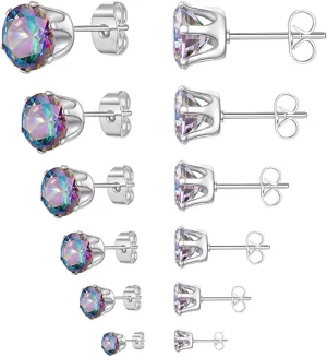 6 Pairs Stud Earrings Set 18K White Silver Plated Round Clear Cubic Zirconia 316L Stainless Steel Earrings for Women for Men 3-8mm