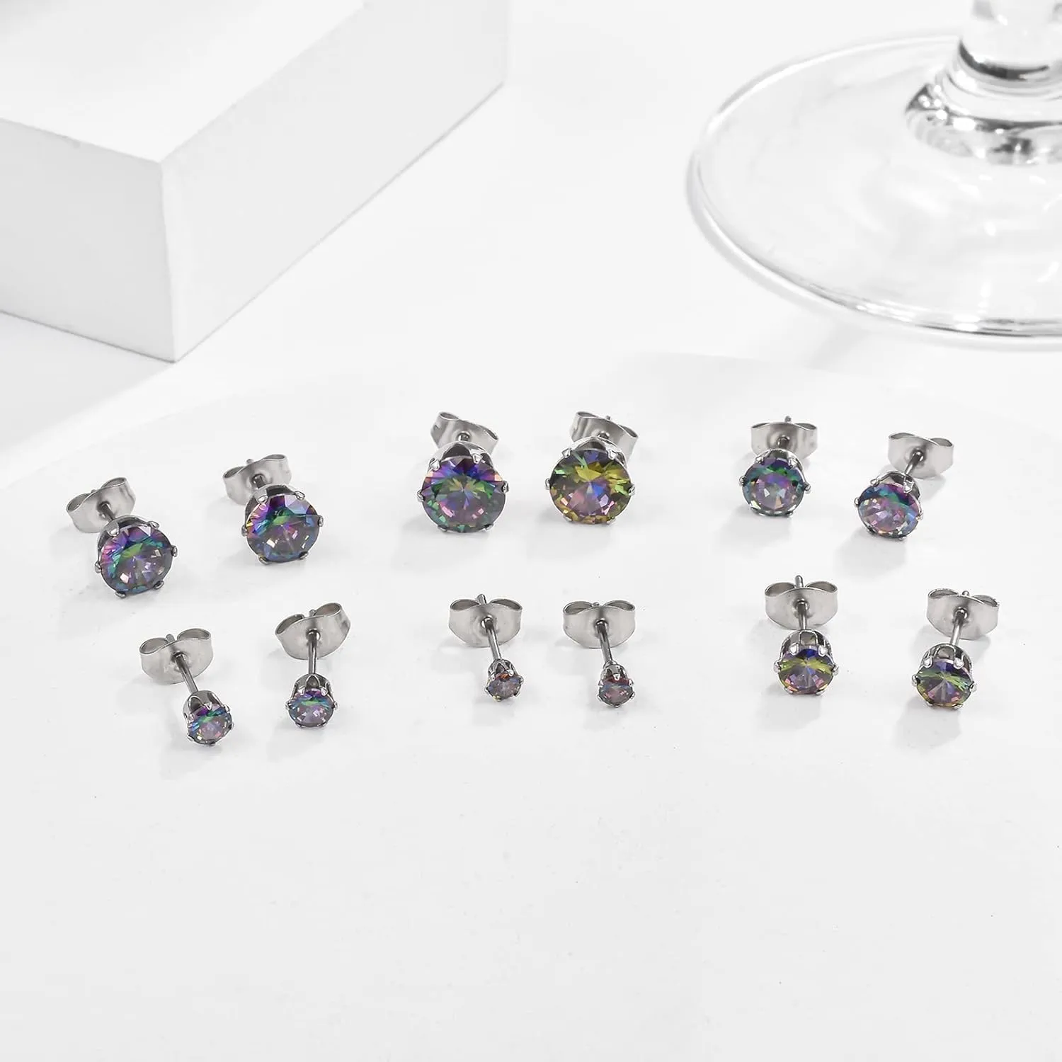 6 Pairs Stud Earrings Set 18K White Silver Plated Round Clear Cubic Zirconia 316L Stainless Steel Earrings for Women for Men 3-8mm