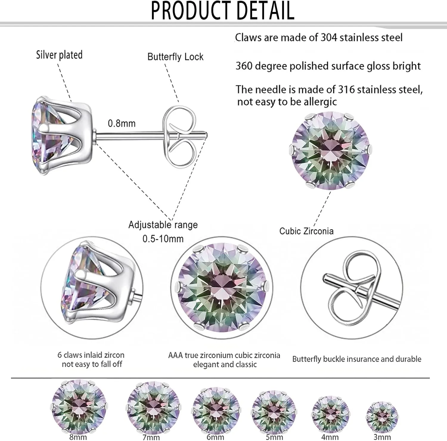 6 Pairs Stud Earrings Set 18K White Silver Plated Round Clear Cubic Zirconia 316L Stainless Steel Earrings for Women for Men 3-8mm