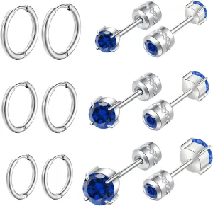 6 Pairs Titanium Screw Back Surgical Stainless Steel Stud Earrings for Women Men, Rainbow 5A Cubic Zirconia Sleep Hypoallergenic Stud Hoops Earrings Set for Sensitive Ears
