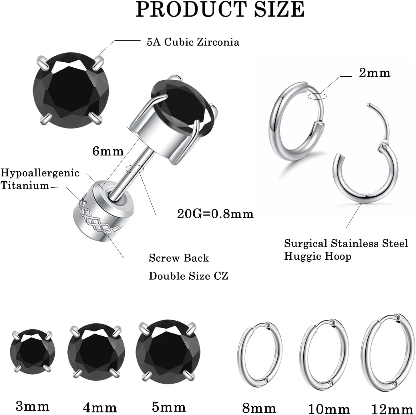 6 Pairs Titanium Screw Back Surgical Stainless Steel Stud Earrings for Women Men, Rainbow 5A Cubic Zirconia Sleep Hypoallergenic Stud Hoops Earrings Set for Sensitive Ears