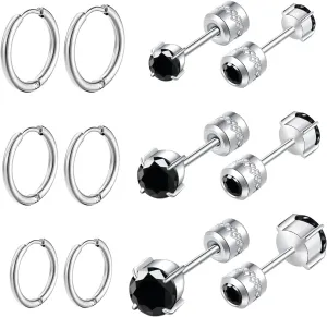 6 Pairs Titanium Screw Back Surgical Stainless Steel Stud Earrings for Women Men, Rainbow 5A Cubic Zirconia Sleep Hypoallergenic Stud Hoops Earrings Set for Sensitive Ears