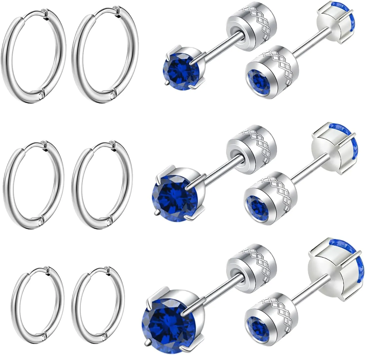 6 Pairs Titanium Screw Back Surgical Stainless Steel Stud Earrings for Women Men, Rainbow 5A Cubic Zirconia Sleep Hypoallergenic Stud Hoops Earrings Set for Sensitive Ears