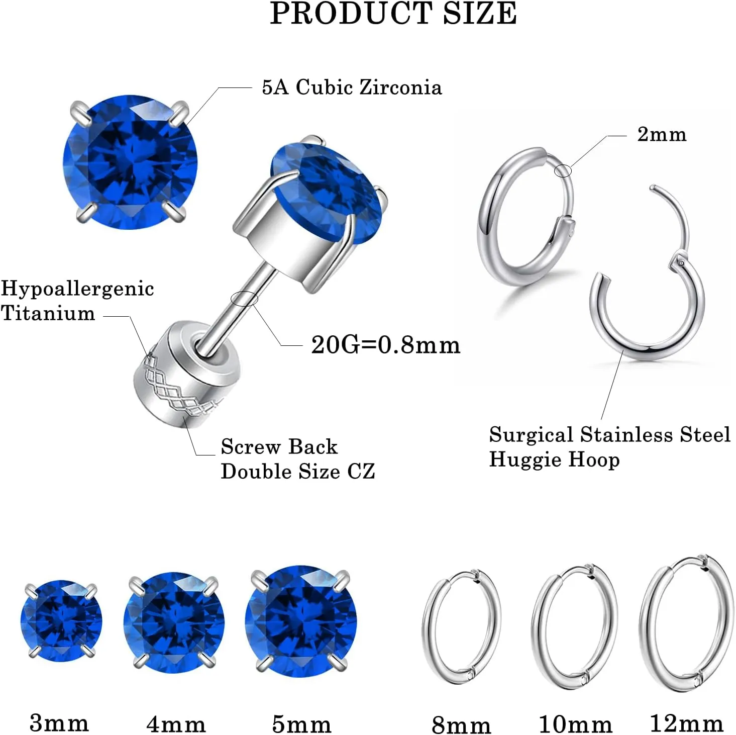 6 Pairs Titanium Screw Back Surgical Stainless Steel Stud Earrings for Women Men, Rainbow 5A Cubic Zirconia Sleep Hypoallergenic Stud Hoops Earrings Set for Sensitive Ears