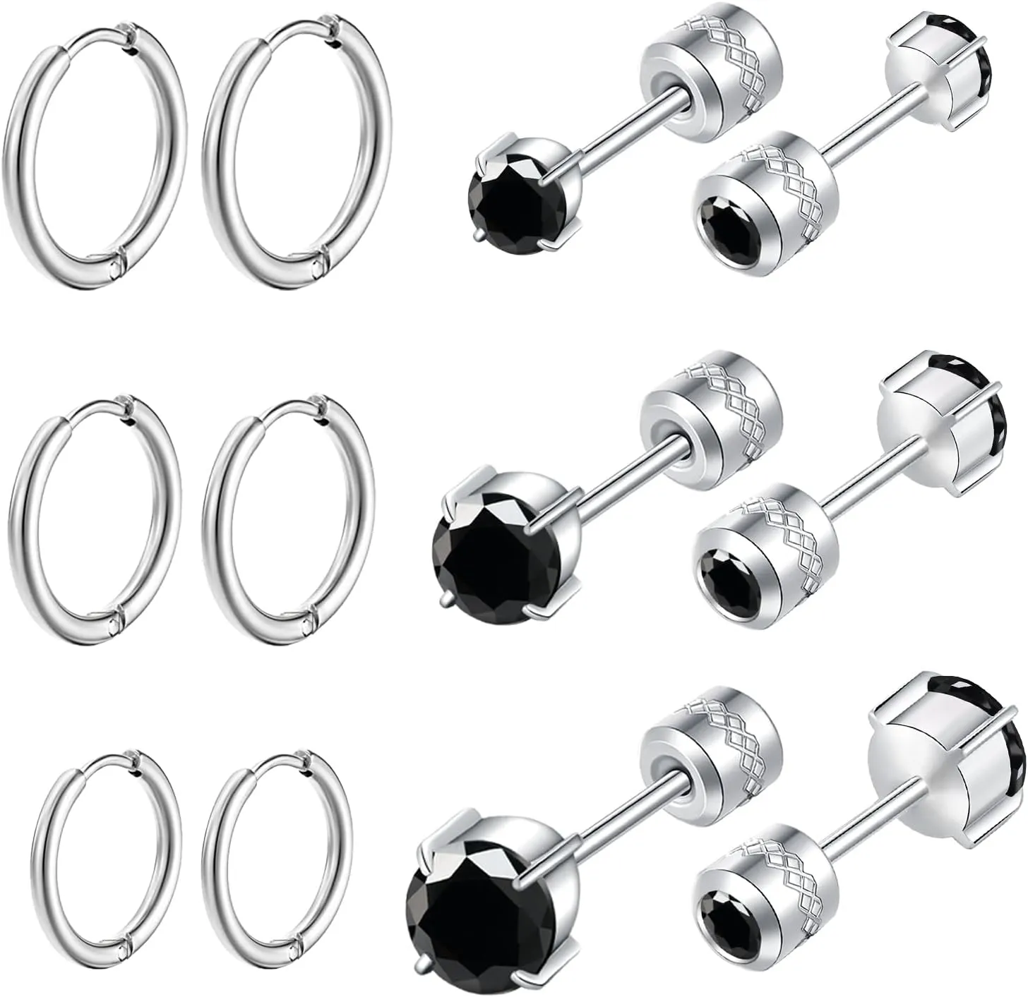 6 Pairs Titanium Screw Back Surgical Stainless Steel Stud Earrings for Women Men, Rainbow 5A Cubic Zirconia Sleep Hypoallergenic Stud Hoops Earrings Set for Sensitive Ears
