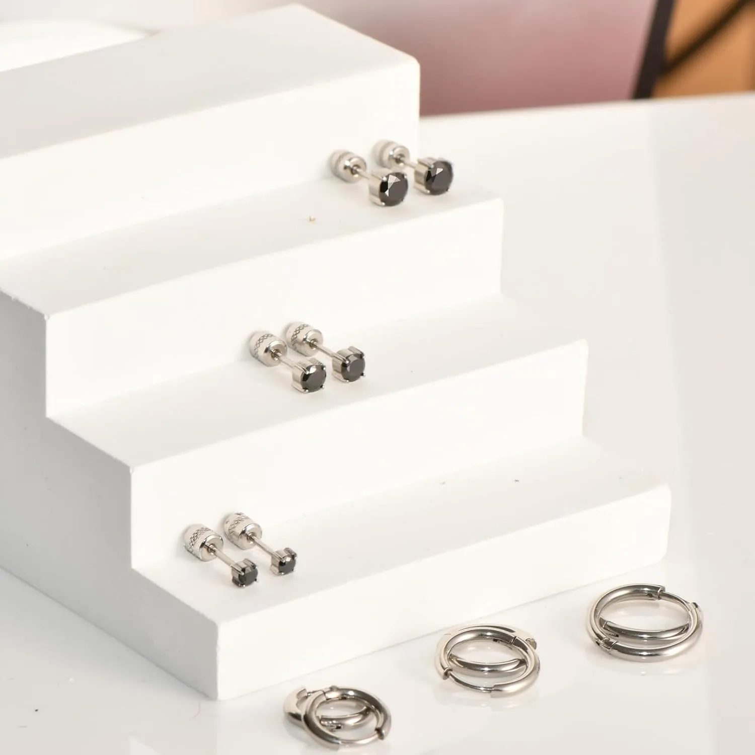 6 Pairs Titanium Screw Back Surgical Stainless Steel Stud Earrings for Women Men, Rainbow 5A Cubic Zirconia Sleep Hypoallergenic Stud Hoops Earrings Set for Sensitive Ears