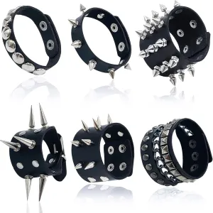 6 Pieces Punk Studded Bracelet Goth Bracelet Leather Rivets Spike Bracelet Cuff Adjustable Metal Wristband Gothic Accessories for Men Women Halloween