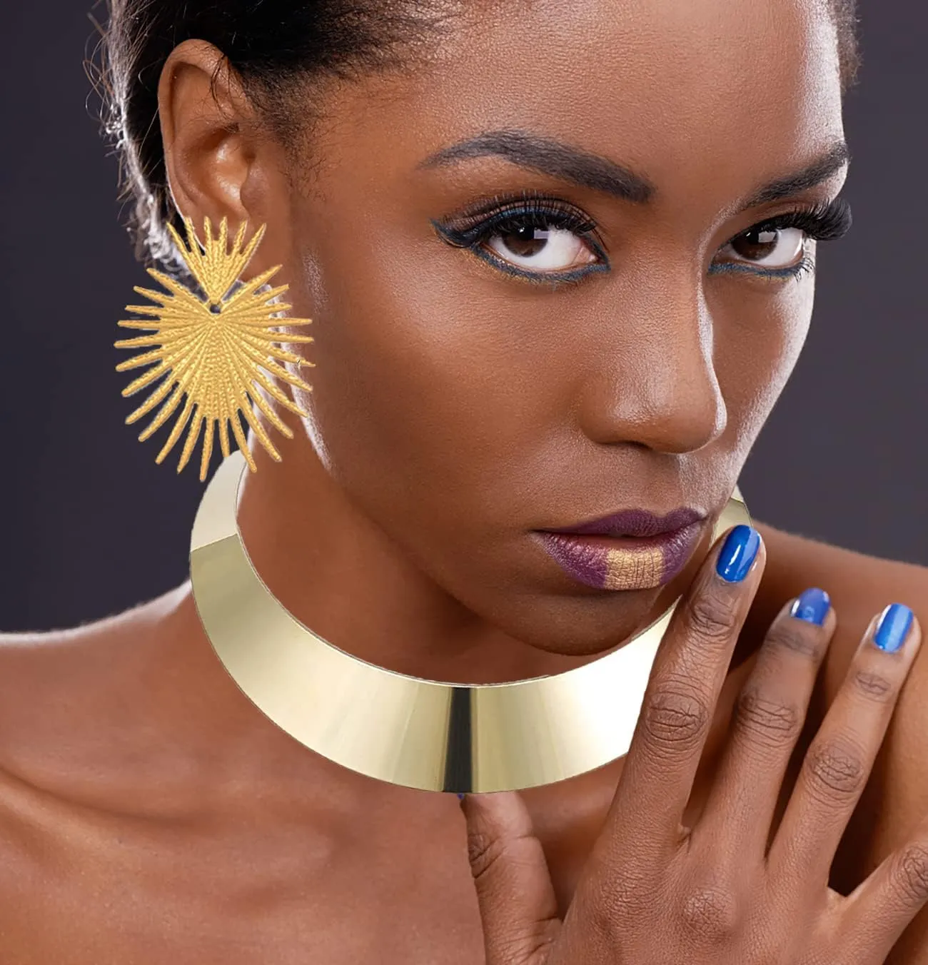 7 pcs African Collar Choker Necklace Earrings Cuff Bangle National Jewelry Set for Women Gold Statement African Tribal Costumes Jewelry Accessories for Halloween Theme Party