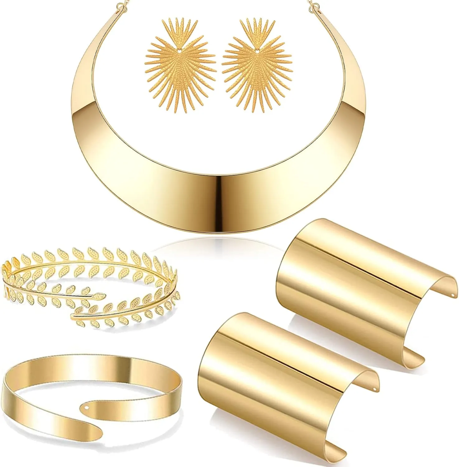 7 pcs African Collar Choker Necklace Earrings Cuff Bangle National Jewelry Set for Women Gold Statement African Tribal Costumes Jewelry Accessories for Halloween Theme Party