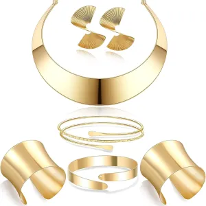 7 pcs African Collar Choker Necklace Earrings Cuff Bangle National Jewelry Set for Women Gold Statement African Tribal Costumes Jewelry Accessories for Halloween Theme Party