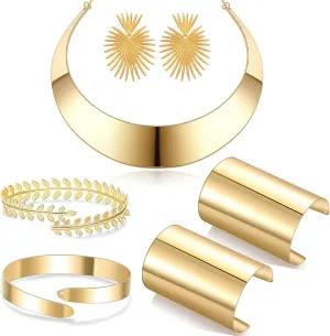 7 pcs African Collar Choker Necklace Earrings Cuff Bangle National Jewelry Set for Women Gold Statement African Tribal Costumes Jewelry Accessories for Halloween Theme Party