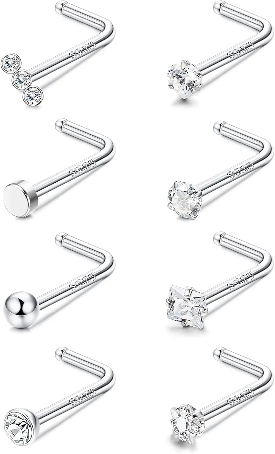 8-12Pcs Nose Rings 20G 925 Sterling Silver Nose Ring For Women Butterfly Halo L Shaped Nose Stud CZ Star Heart Straight Nose Studs Nose Piercings Nostril Body Jewelry