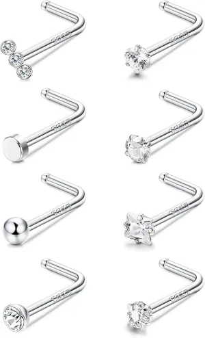 8-12Pcs Nose Rings 20G 925 Sterling Silver Nose Ring For Women Butterfly Halo L Shaped Nose Stud CZ Star Heart Straight Nose Studs Nose Piercings Nostril Body Jewelry