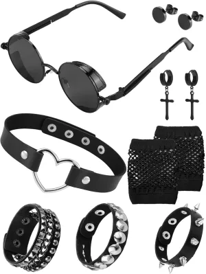 8 Pcs 80s Costume Accessories Retro Goth Steampunk Sunglasses Punk Bracelets Cross Earrings for Women Men