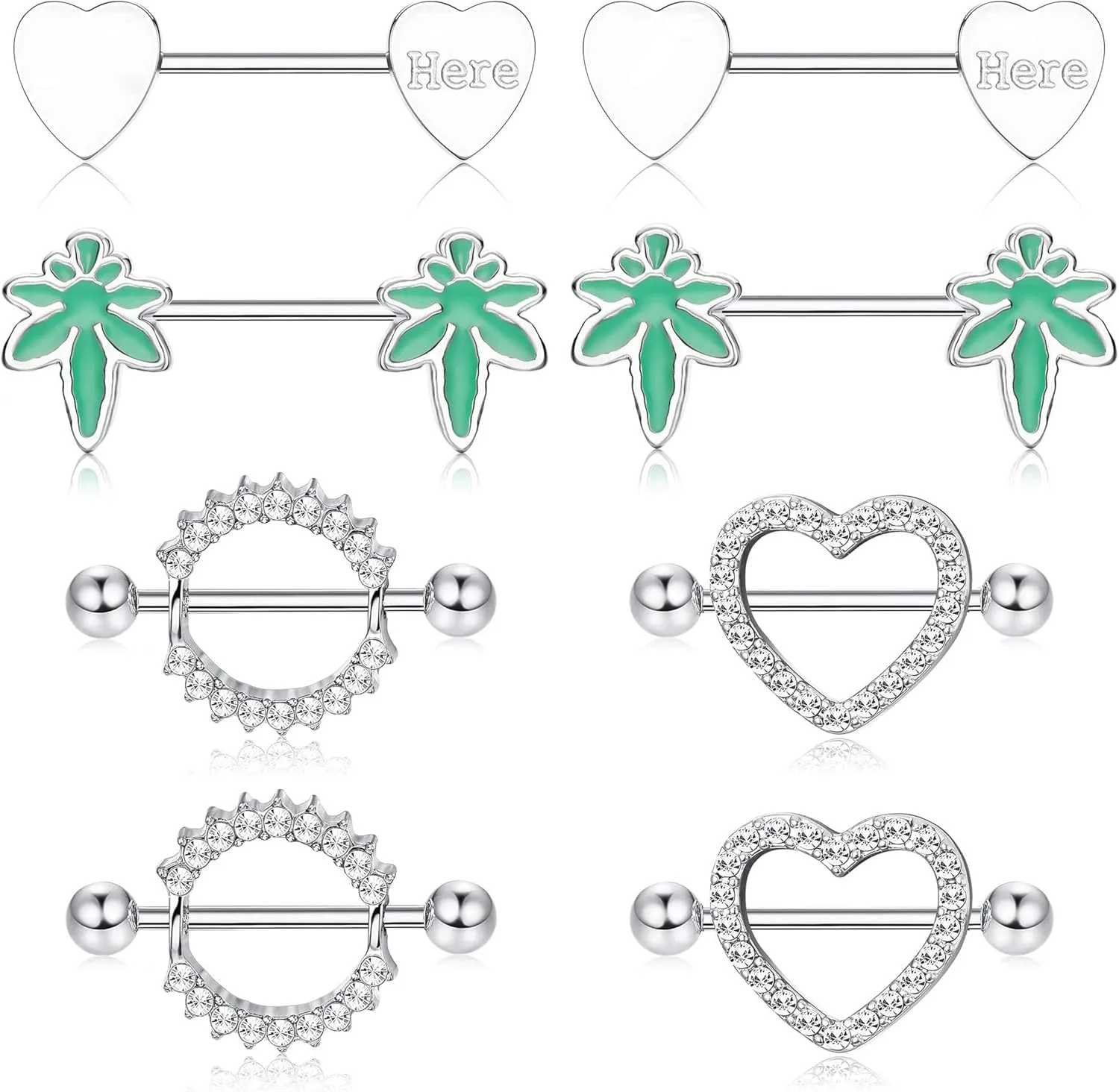 8PCS 14G Nipple Rings for Women Stainless Steel Barbell Heart CZ Nipple Ring Set Bars Nipple Piercing Jewelry