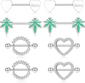 8PCS 14G Nipple Rings for Women Stainless Steel Barbell Heart CZ Nipple Ring Set Bars Nipple Piercing Jewelry