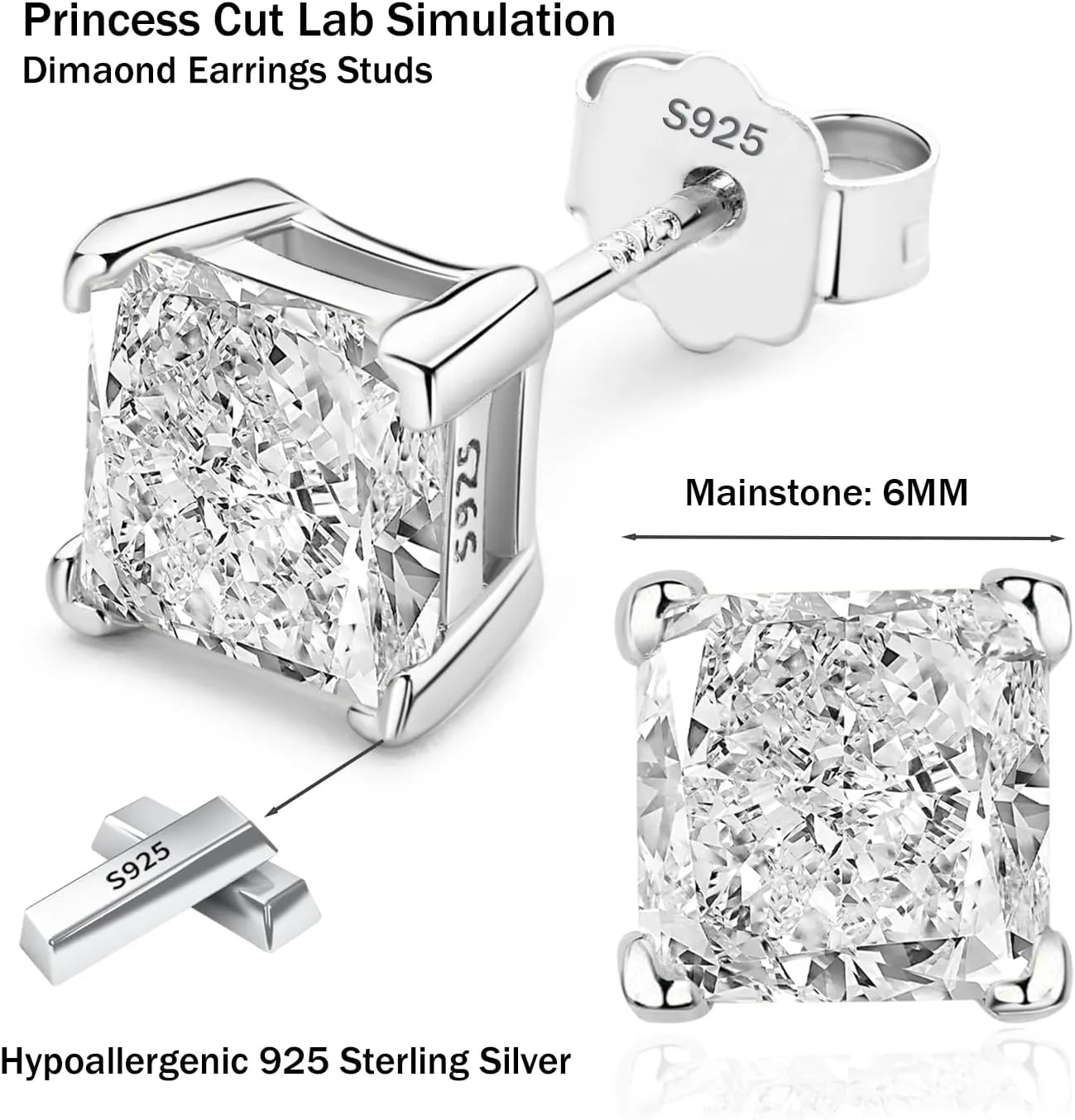 925 Sterling Silver 2-4 Carat Lab Simulation-Diamond Stud Earrings 5A Cubic Zirconia Stud Earrings Hypoallergenic White Gold Plated, Perfect Jewelry Gifts