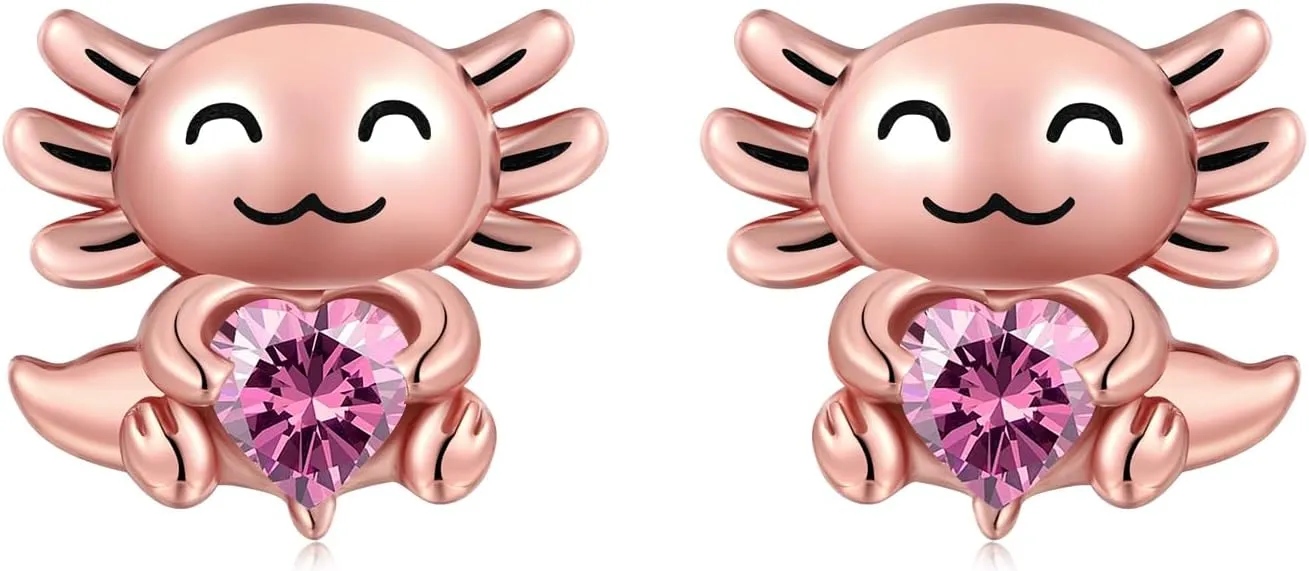 925 Sterling Silver Axolotl Stud Earrings for Women 1-12 Month Birthstone Adorable Axolotl Ear Stud Cute Animal Birthday Jewelry Gifts