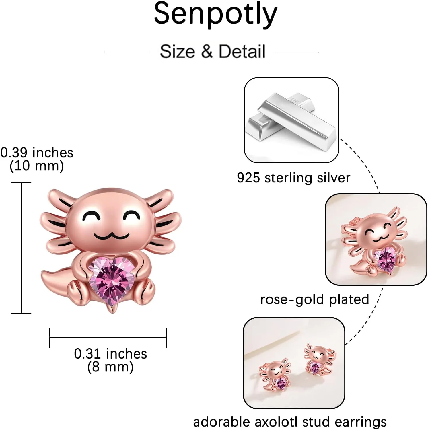 925 Sterling Silver Axolotl Stud Earrings for Women 1-12 Month Birthstone Adorable Axolotl Ear Stud Cute Animal Birthday Jewelry Gifts