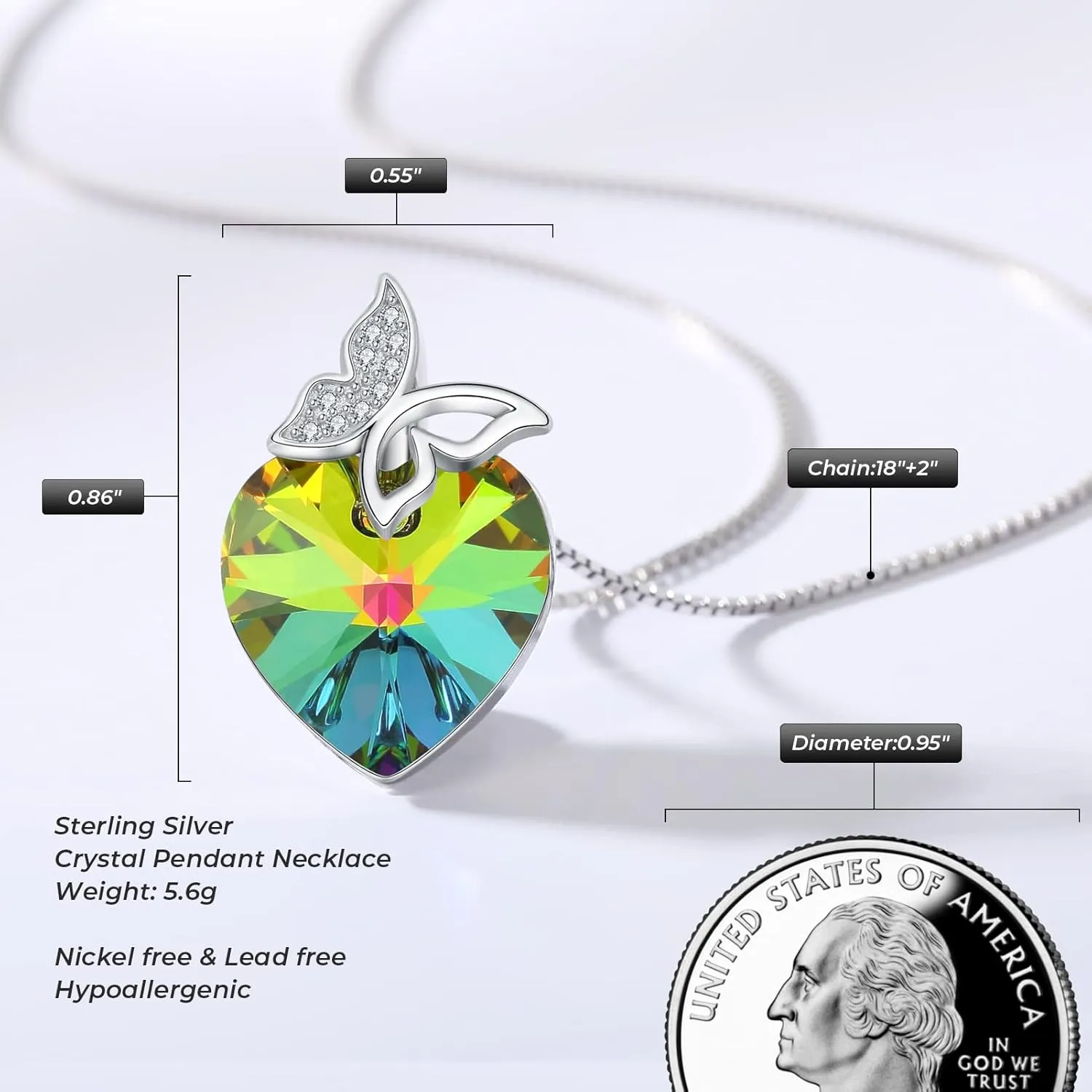 925 Sterling Silver Butterfly Heart Crystal Necklace, Silver Butterfly Pendant Necklace Birthday Jewelry Gifts for Women Girls Friend Sister