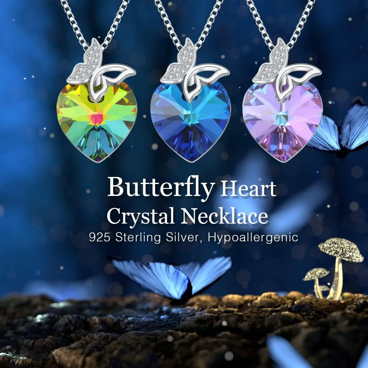 925 Sterling Silver Butterfly Heart Crystal Necklace, Silver Butterfly Pendant Necklace Birthday Jewelry Gifts for Women Girls Friend Sister