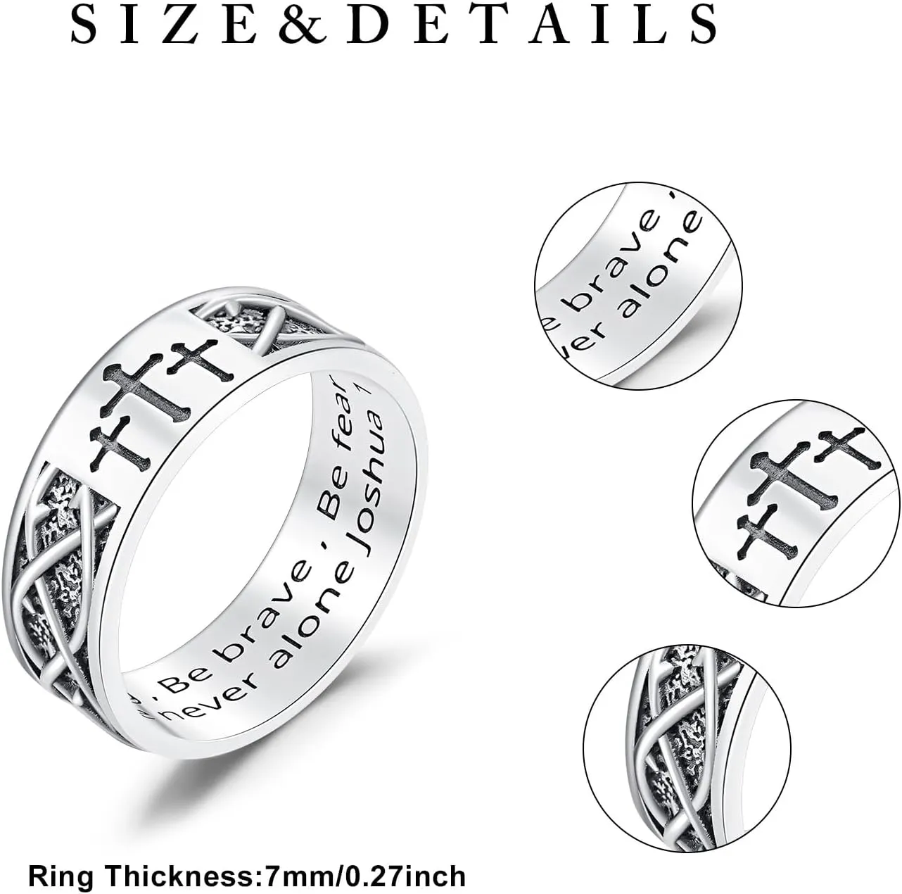 925 Sterling Silver Cross Band Ring for Men with Joshua 1:9 Size 8/9/10/11/12/13 Christian Rings for Dad Son