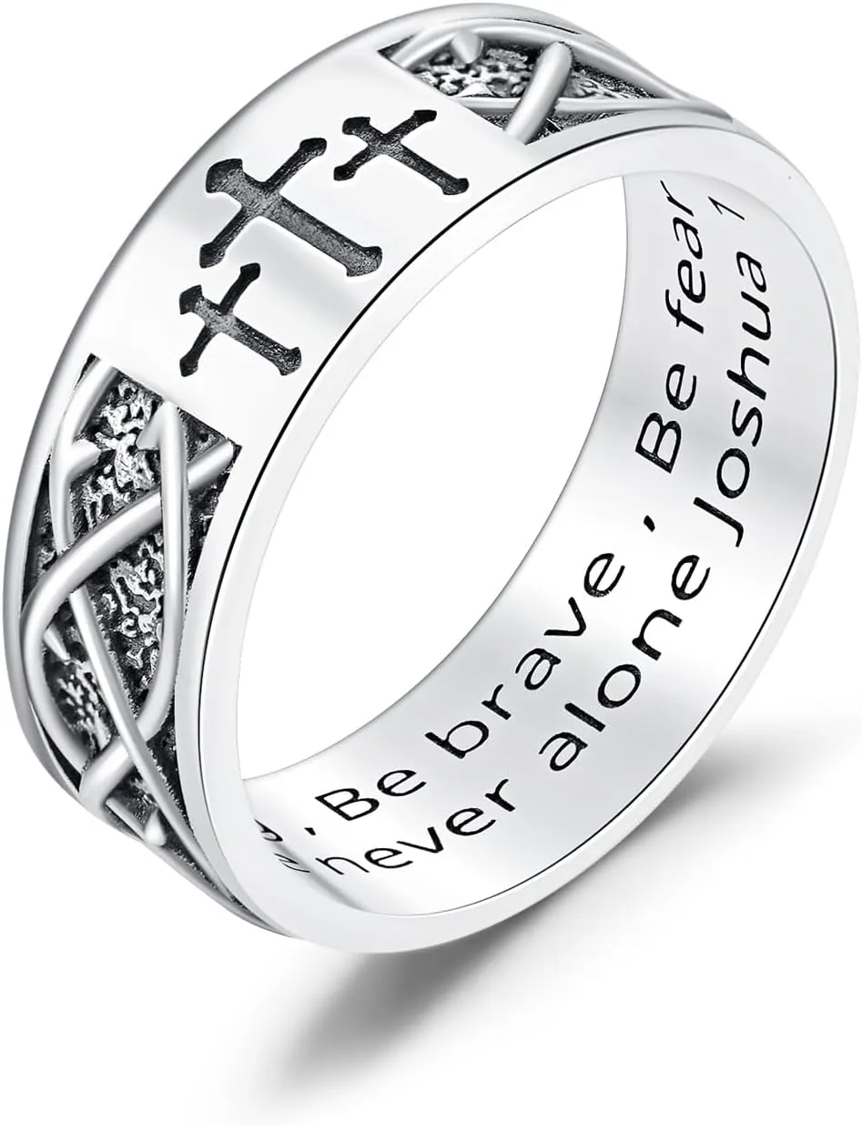 925 Sterling Silver Cross Band Ring for Men with Joshua 1:9 Size 8/9/10/11/12/13 Christian Rings for Dad Son
